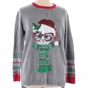 🎁NEW! Gray Festive Cat Christmas Pullover Sweater with Red and Green Accents